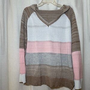 Striped V-Neck Sweater - Brown, Gray, Pink